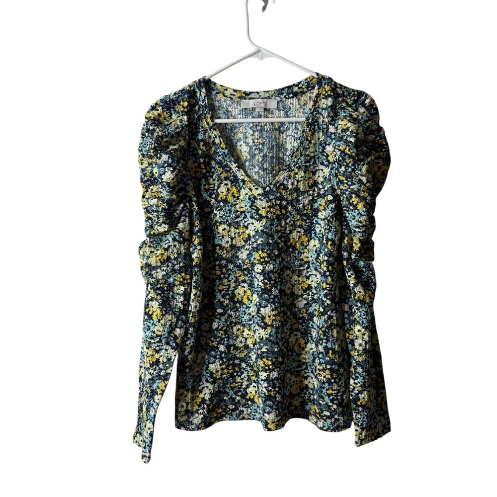 Loft Blue Floral Ruched Long Sleeve Blouse